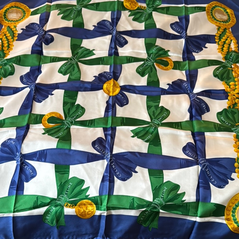 ***New Celine Paris Silk Scarf with Blue and Green with Gold Accents*** - Picture 5 of 7